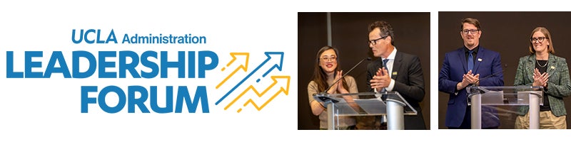 Leadership Forum logo with photos of forum emcees standing on stage