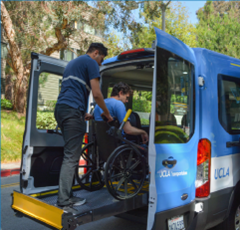 BruinAccess driver helping student in wheelchair into BruinAccess van 