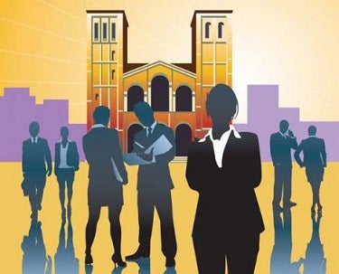 Animated graphic of professionals standing in front of Royce Hall