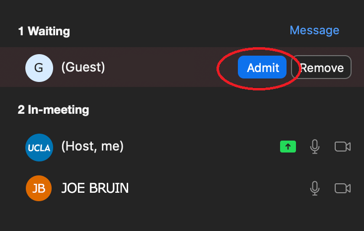 Select admit to allow guests in the waiting room to join the meeting