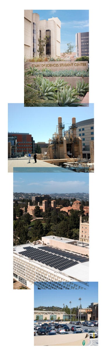 an image collage of campus sustainable buildings and practices