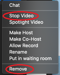 From the more dropdown you can stop video or remove an individual participant