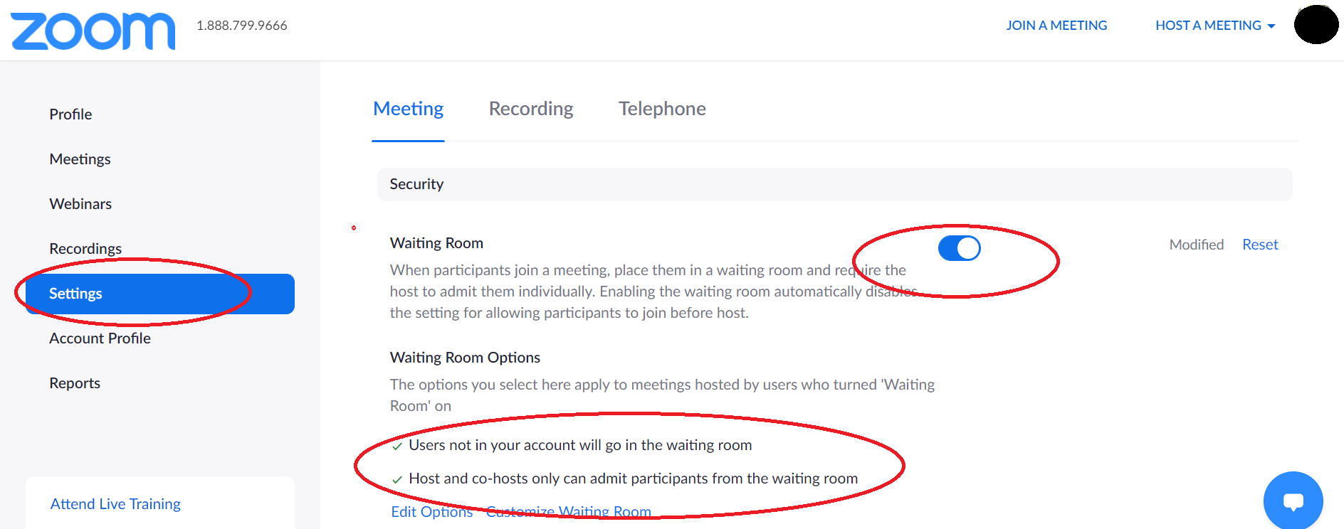 Confirm the waiting room is enabled and only hosts and co-hosts may admit participants.