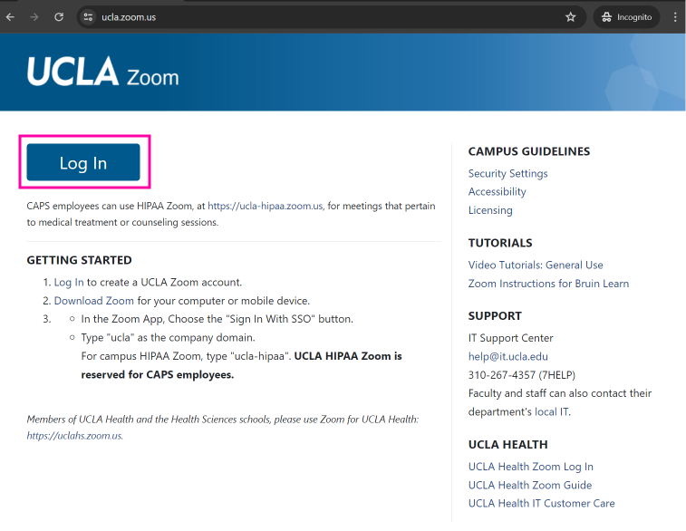 A screenshot of the ucla.zoom.us login page.