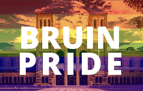 The towers of Royce Hall, recolored in rainbow hues with the text Bruin Pride laid on top.
