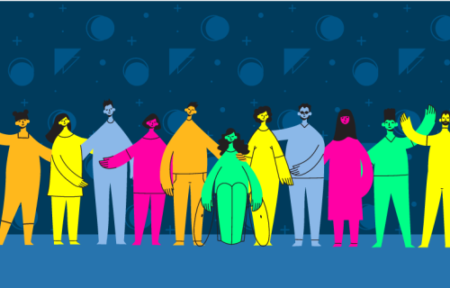 A colorful illustration of a group of diverse individuals waving and smiling
