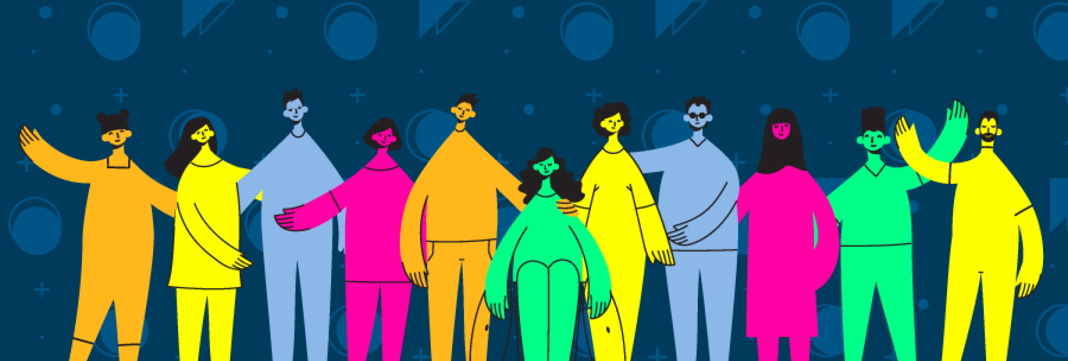 A colorful illustration of a group of diverse individuals waving and smiling