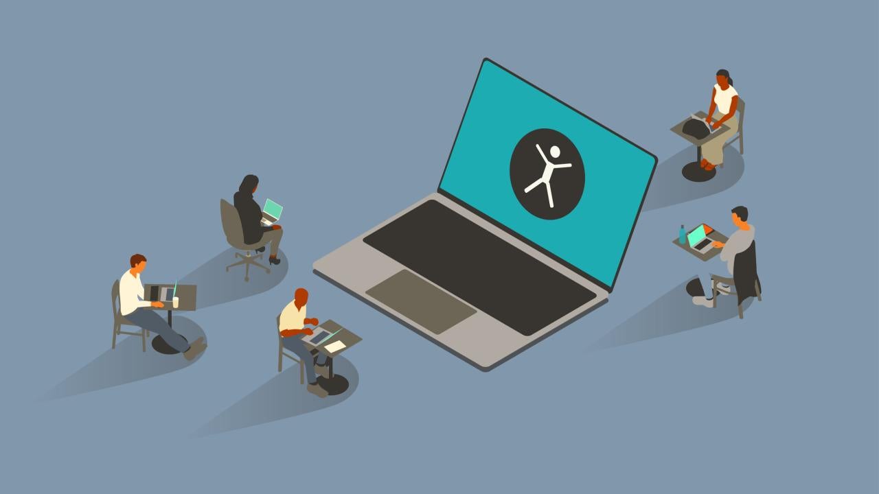 Five people surround an oversized laptop with a web accessibility icon on-screen, consisting of a human figure within a circle.