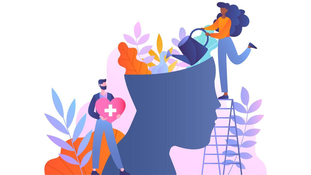 An illustration of a group of people watering a head sprouting flowers