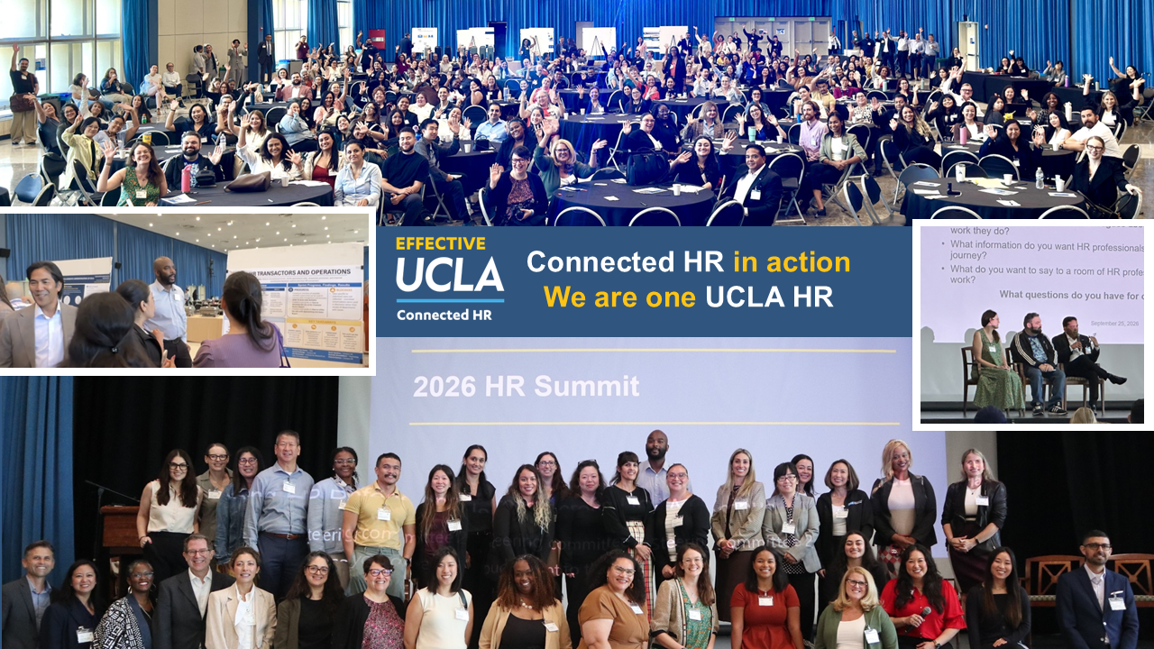 Crowd at UCLA HR Summit with presentation and group photo.