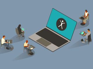 Five people surround an oversized laptop with a web accessibility icon on-screen, consisting of a human figure within a circle.