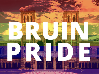 The towers of Royce Hall, recolored in rainbow hues with the text Bruin Pride laid on top.