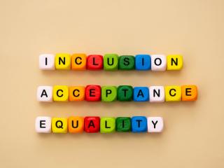 wooden dice used to spell out inclusion, acceptance, equality