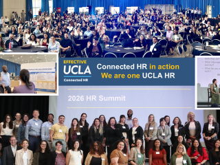 Crowd at UCLA HR Summit with presentation and group photo.